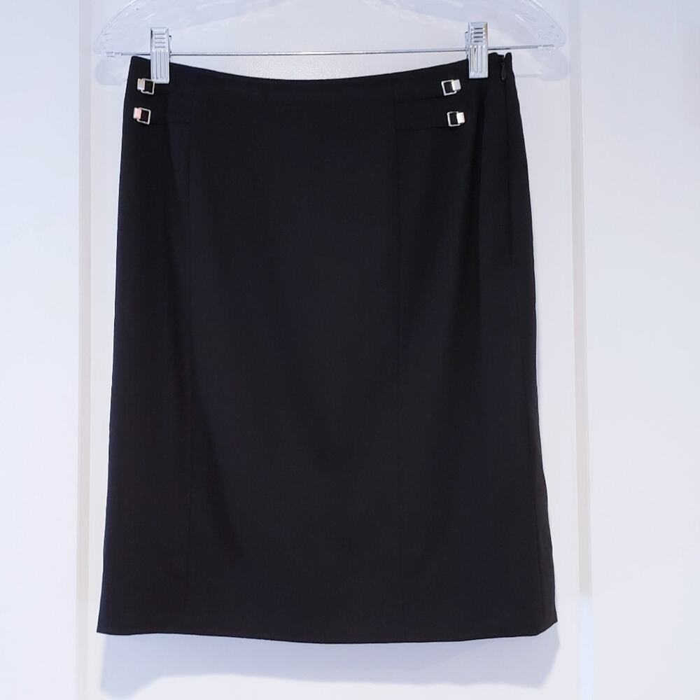 Escada Black Wool Silk Pencil Skirt Buckle Detail Size 36